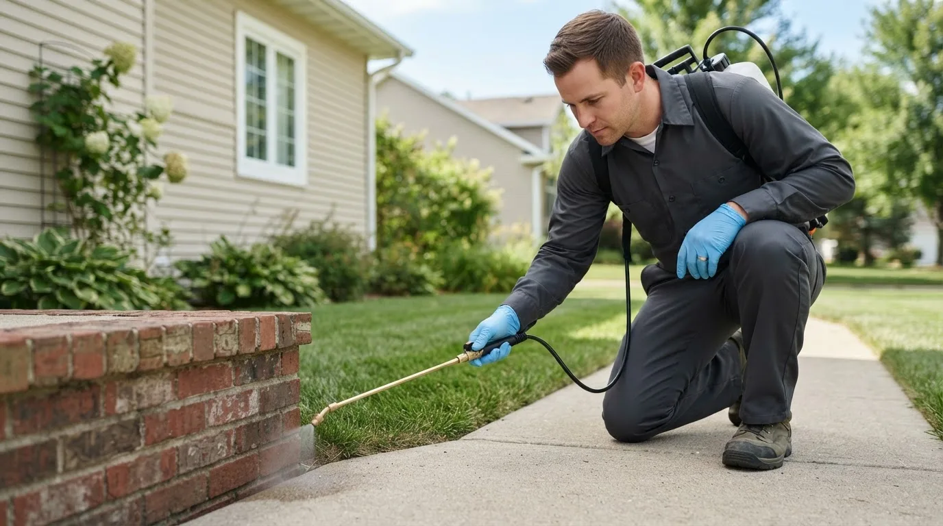 Pest control technician treating a home near Visalia, CA